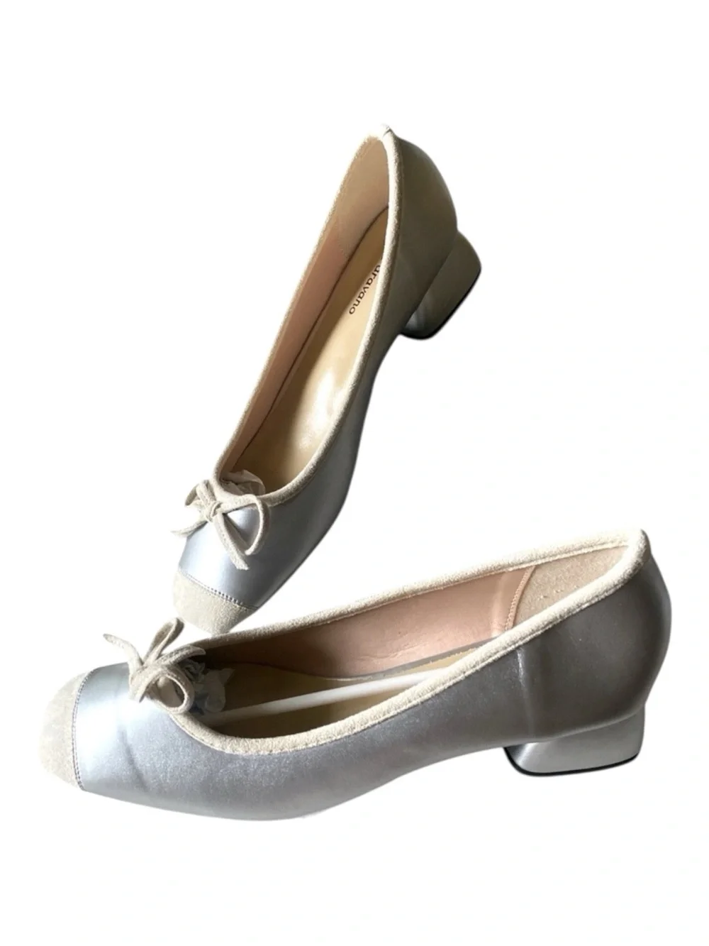 C.PARAVANO Suede Cap Toe Silver Low Block Heel Shoes Size 9.5 (40) NWT